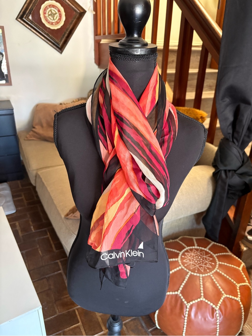 Calvin Klein Men's Multicolor Striped Scarf - Red, Pink, Orange, Black